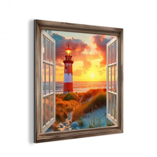 Aluminium - Doorkijk - Raam - Vuurtoren - Zonsondergang - Strand