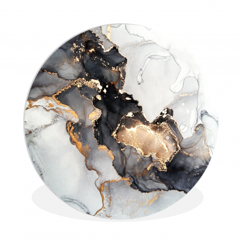 Muurcirkel - Marmer - Zwart - Wit - Goud - Luxe - Abstract