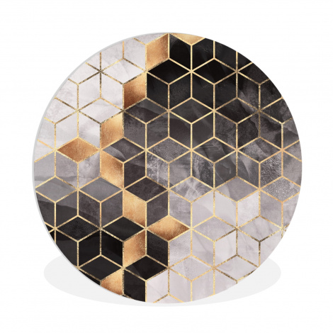 Muurcirkel - Abstract - Kubus - Goud - Patronen - Zwart - Wit