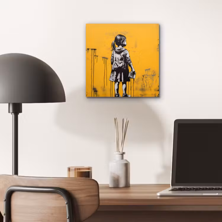 Aluminium schilderij - Meisje - Boek - Gele Muur - Graffiti — 7