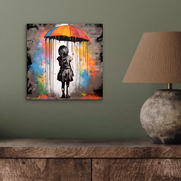 Aluminium schilderij - Meisje - Kunst - Paraplu - Graffiti - Kleuren - Muur — 4