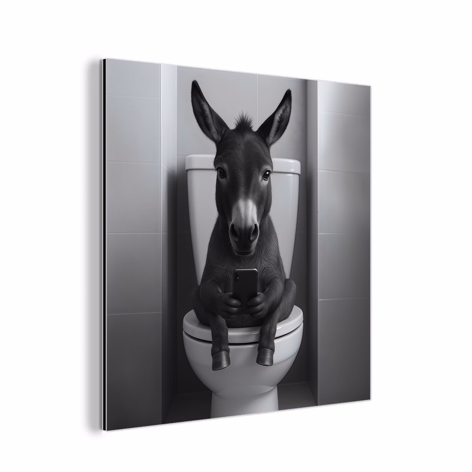 Aluminium schilderij - Ezel - Telefoon - Toilet - Zwart - Wit — 1