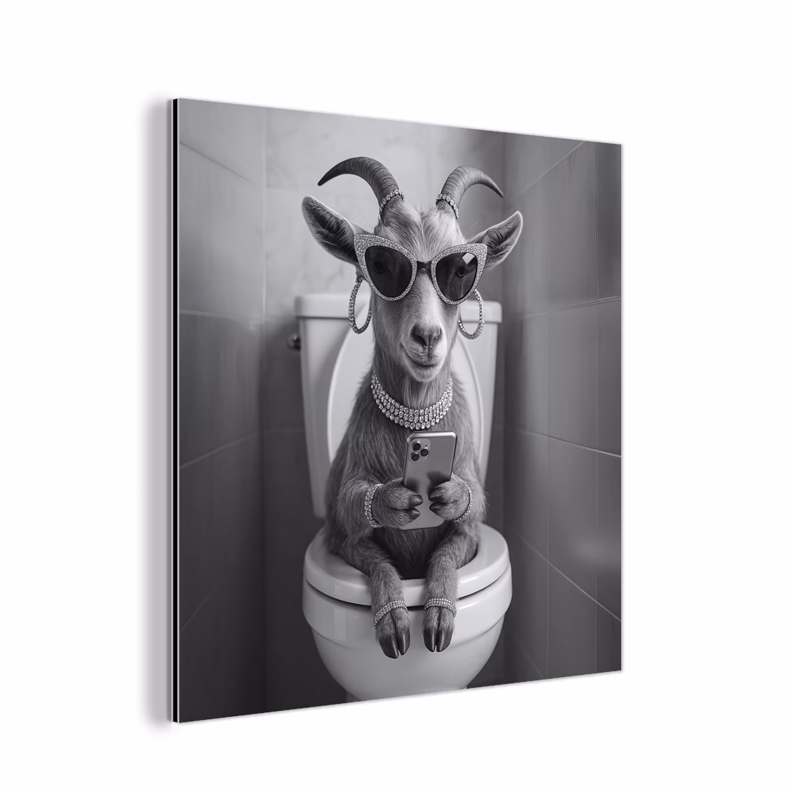 Aluminium schilderij - Geit - Telefoon - Toilet - Zwart - Wit — 1