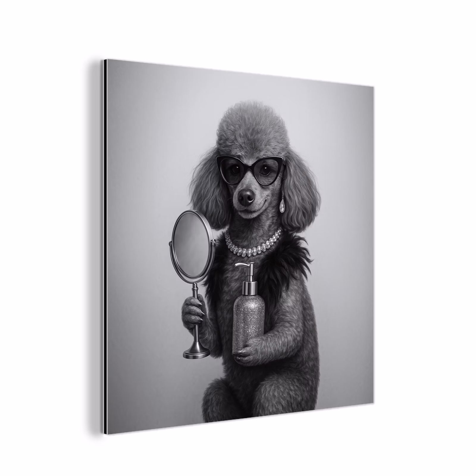 Aluminium schilderij - Poedel - Spiegel - Zwart - Wit — 1