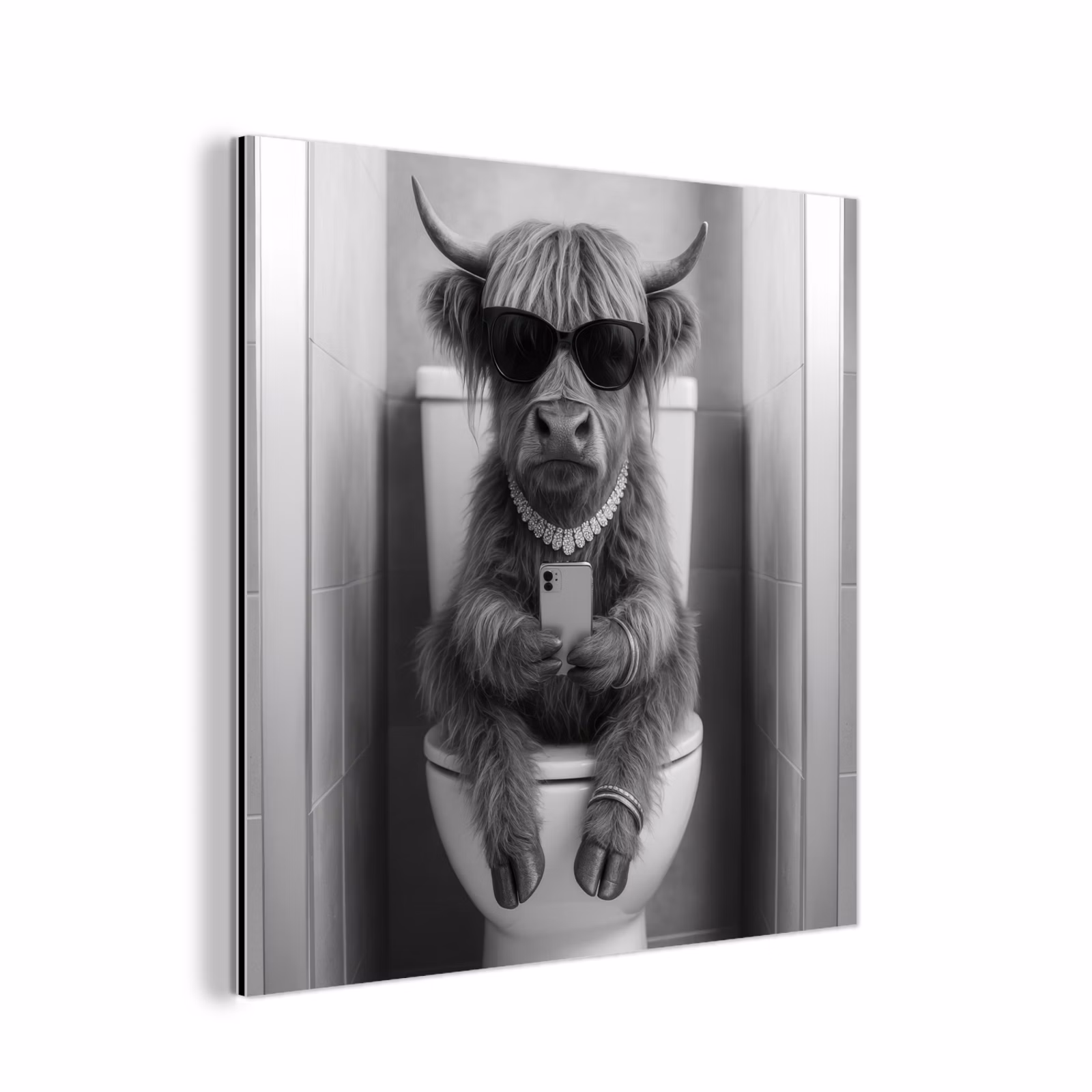 Aluminium schilderij - Stier - Telefoon - Toilet - Zwart - Wit — 1