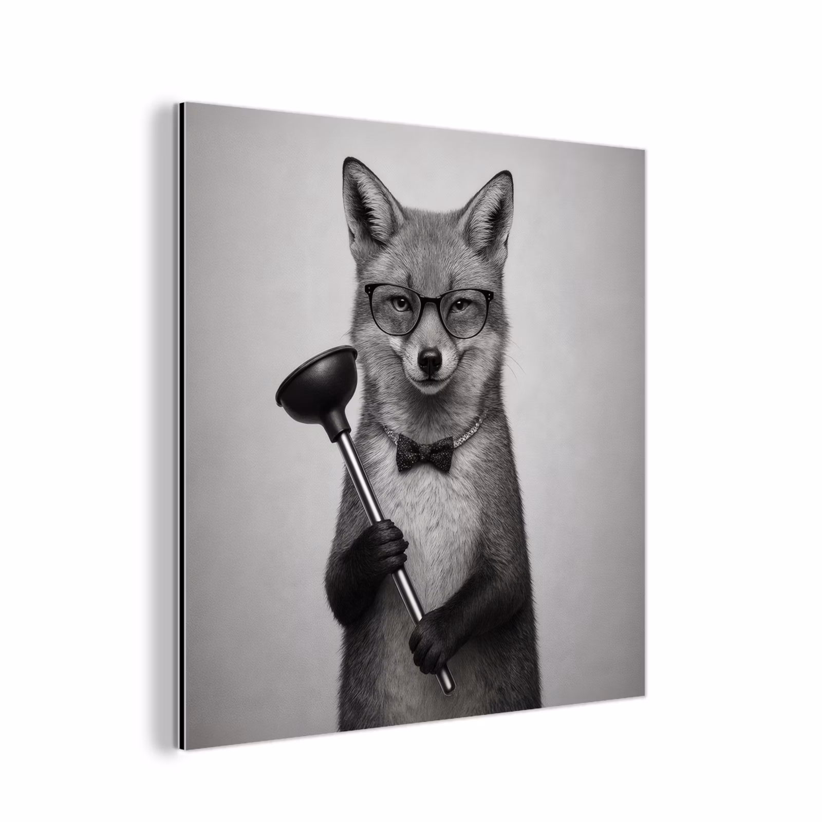 Aluminium schilderij - Vos - WC-ontstopper - Zwart - Wit — 1