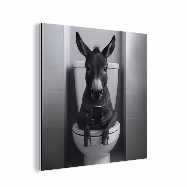 Aluminium schilderij - Ezel - Telefoon - Toilet - Zwart - Wit — 1
