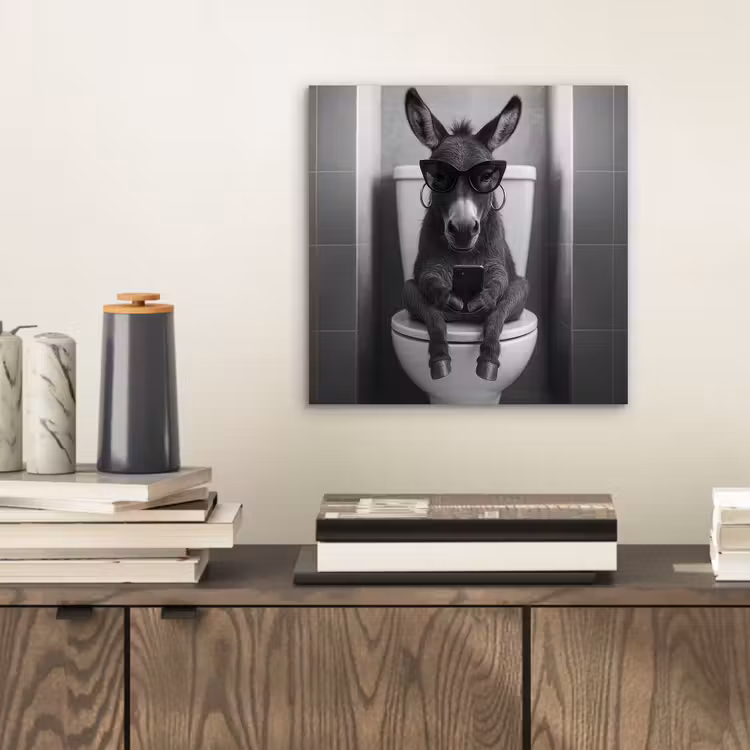 Aluminium schilderij - Ezel - Telefoon - Toilet - Zwart - Wit — 2