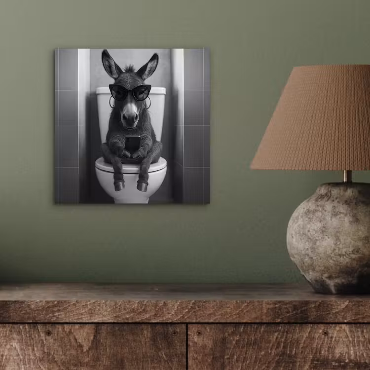 Aluminium schilderij - Ezel - Telefoon - Toilet - Zwart - Wit — 4