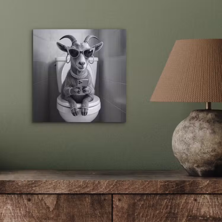 Aluminium schilderij - Geit - Telefoon - Toilet - Zwart - Wit — 4