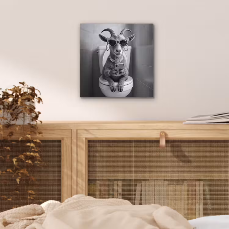 Aluminium schilderij - Geit - Telefoon - Toilet - Zwart - Wit — 5
