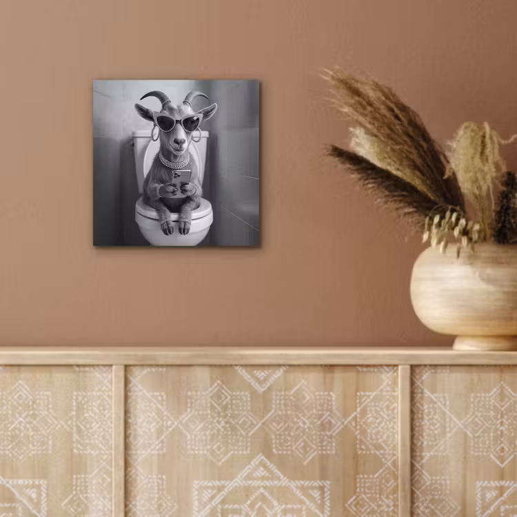 Aluminium schilderij - Geit - Telefoon - Toilet - Zwart - Wit — 6
