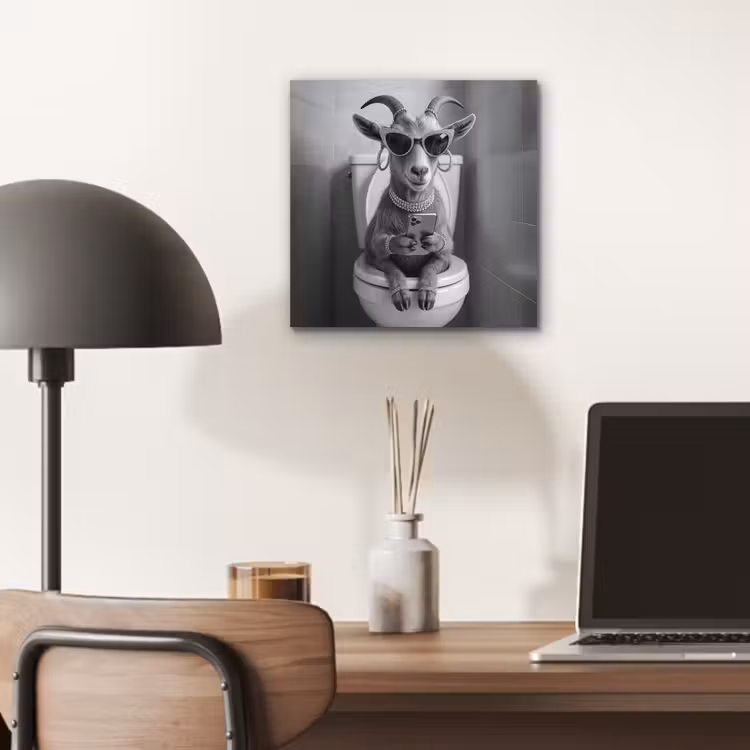 Aluminium schilderij - Geit - Telefoon - Toilet - Zwart - Wit — 7