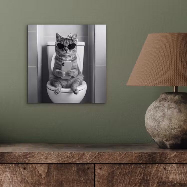 Aluminium schilderij - Kat - Telefoon - Toilet - Zwart - Wit — 4