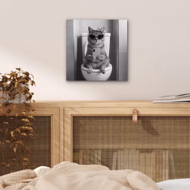 Aluminium schilderij - Kat - Telefoon - Toilet - Zwart - Wit — 5
