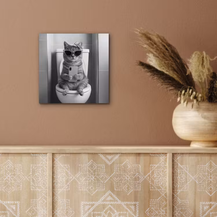 Aluminium schilderij - Kat - Telefoon - Toilet - Zwart - Wit — 6