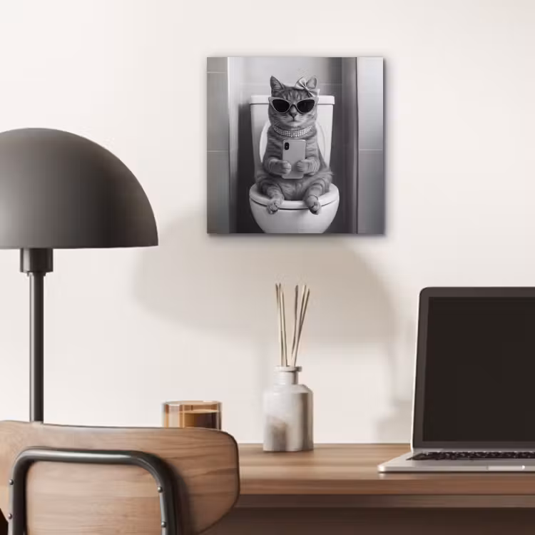 Aluminium schilderij - Kat - Telefoon - Toilet - Zwart - Wit — 7