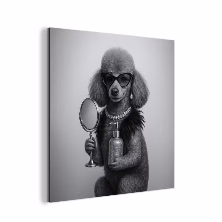 Aluminium schilderij - Poedel - Spiegel - Zwart - Wit — 1
