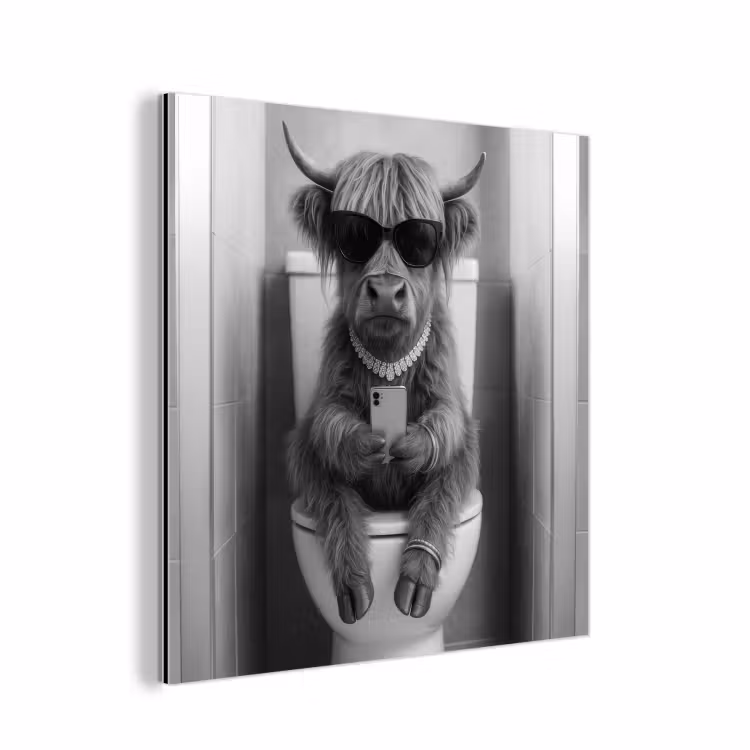 Aluminium schilderij - Stier - Telefoon - Toilet - Zwart - Wit — 1