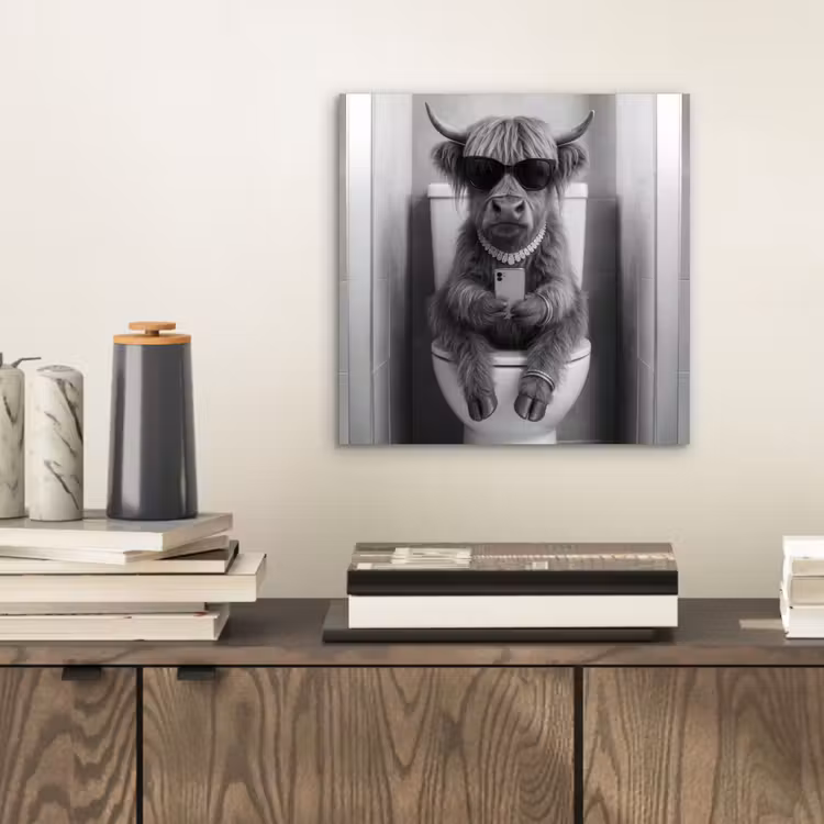 Aluminium schilderij - Stier - Telefoon - Toilet - Zwart - Wit — 2