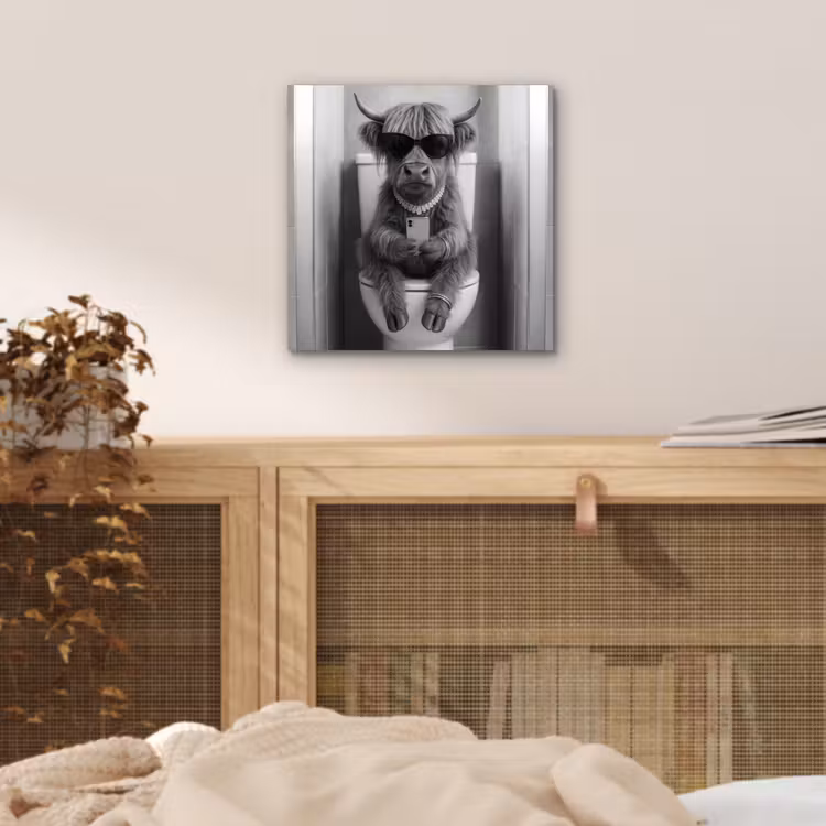 Aluminium schilderij - Stier - Telefoon - Toilet - Zwart - Wit — 5