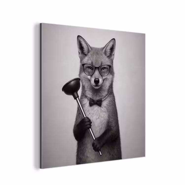 Aluminium schilderij - Vos - WC-ontstopper - Zwart - Wit — 1
