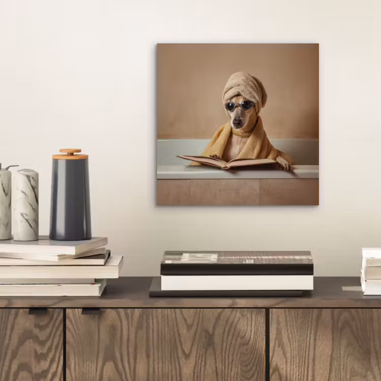 Aluminium schilderij - Bad - Hond - Boek - Zonnebril — 2