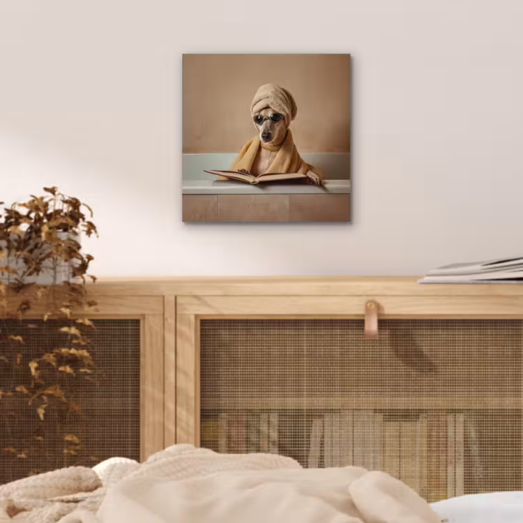 Aluminium schilderij - Bad - Hond - Boek - Zonnebril — 5
