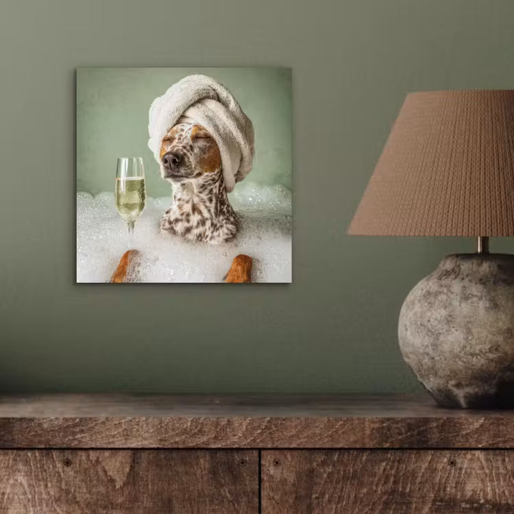 Aluminium schilderij - Hond - Bad - Champagne - Handdoek — 4