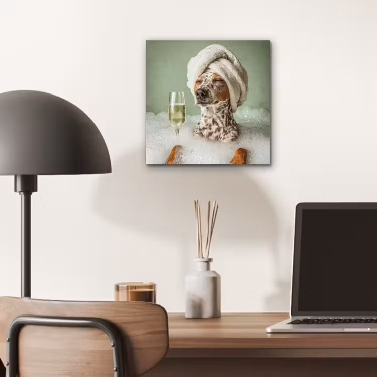 Aluminium schilderij - Hond - Bad - Champagne - Handdoek — 7