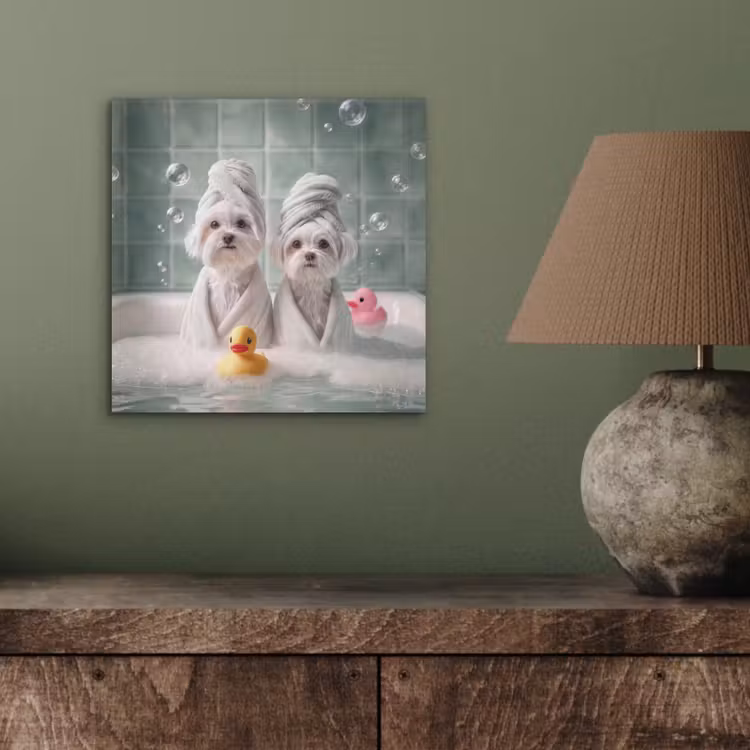 Aluminium schilderij - Hondjes - Badkuip - Badeendjes - Handdoeken — 4
