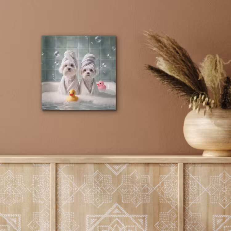 Aluminium schilderij - Hondjes - Badkuip - Badeendjes - Handdoeken — 6