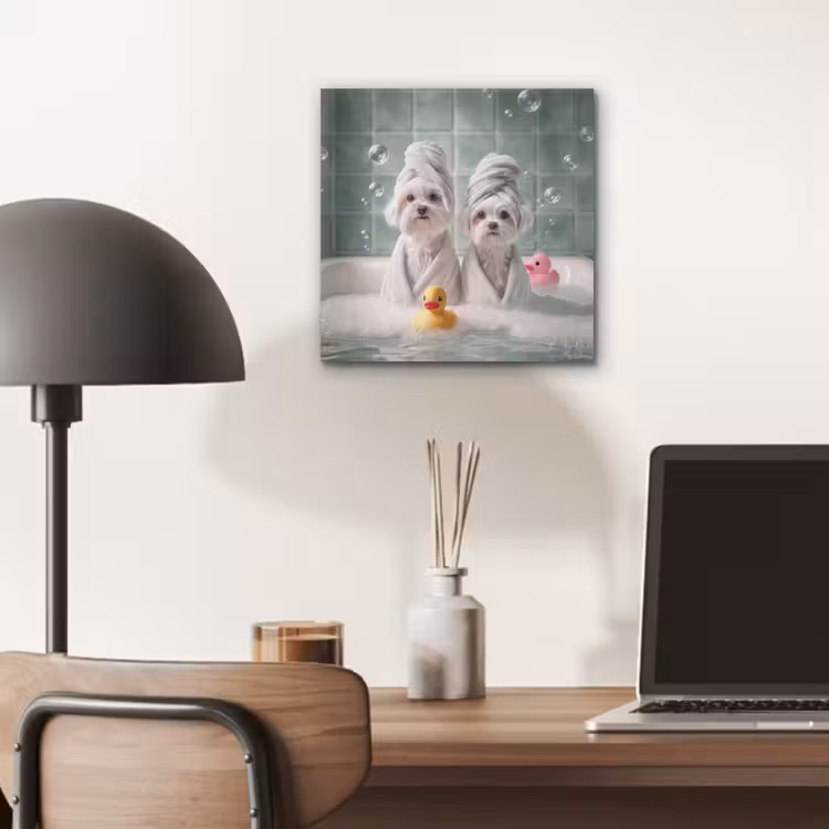 Aluminium schilderij - Hondjes - Badkuip - Badeendjes - Handdoeken — 7