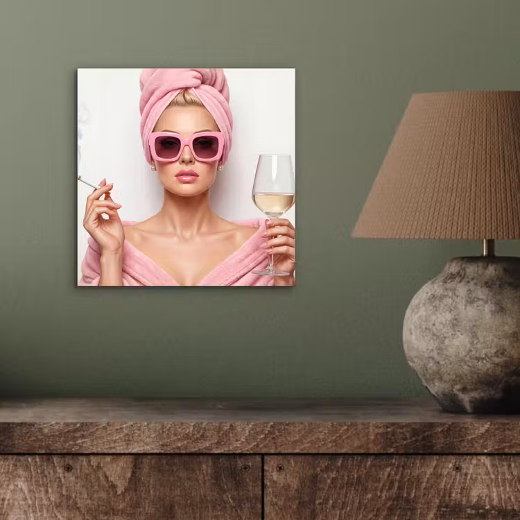 Aluminium schilderij - Vrouw - Roze - Wijn - Zonnebril — 4