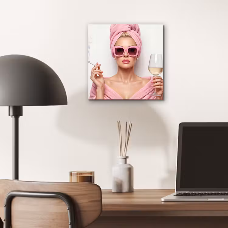 Aluminium schilderij - Vrouw - Roze - Wijn - Zonnebril — 7