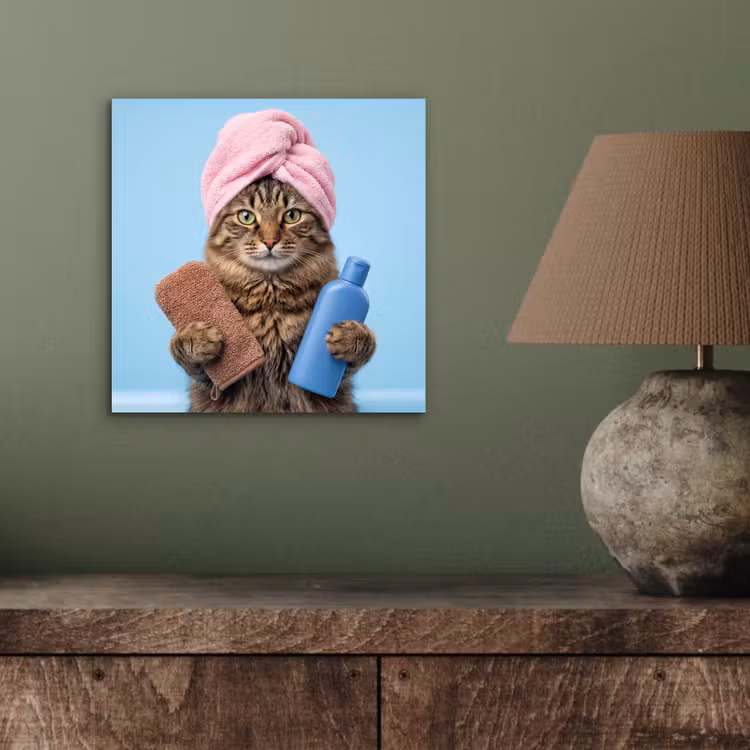 Aluminium schilderij - Kat - Handdoek - Washand - Zeep — 4