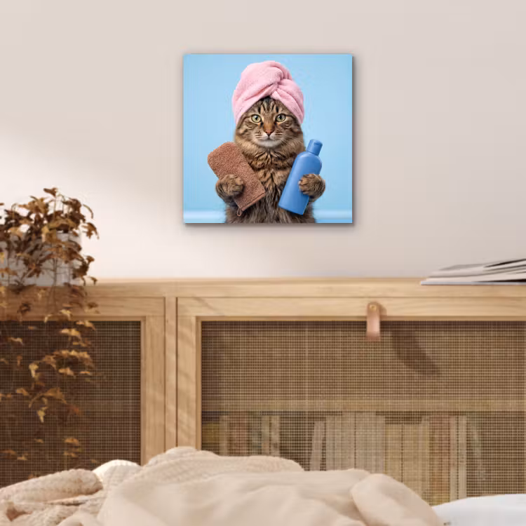 Aluminium schilderij - Kat - Handdoek - Washand - Zeep — 5