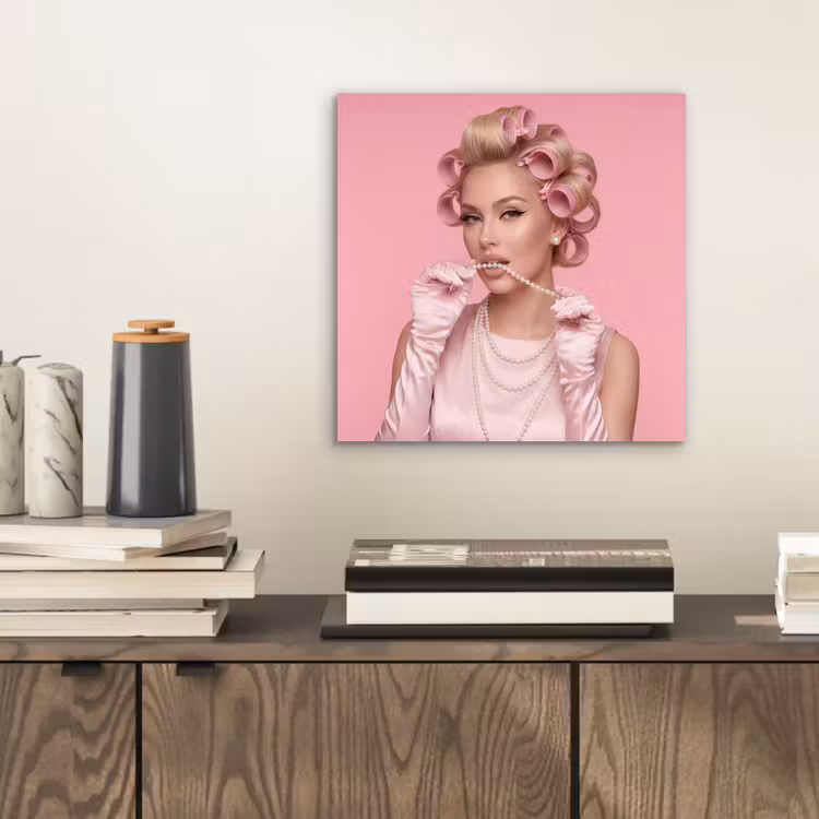 Aluminium schilderij - Vrouw - Roze - Parelketting - Krulspelden — 2