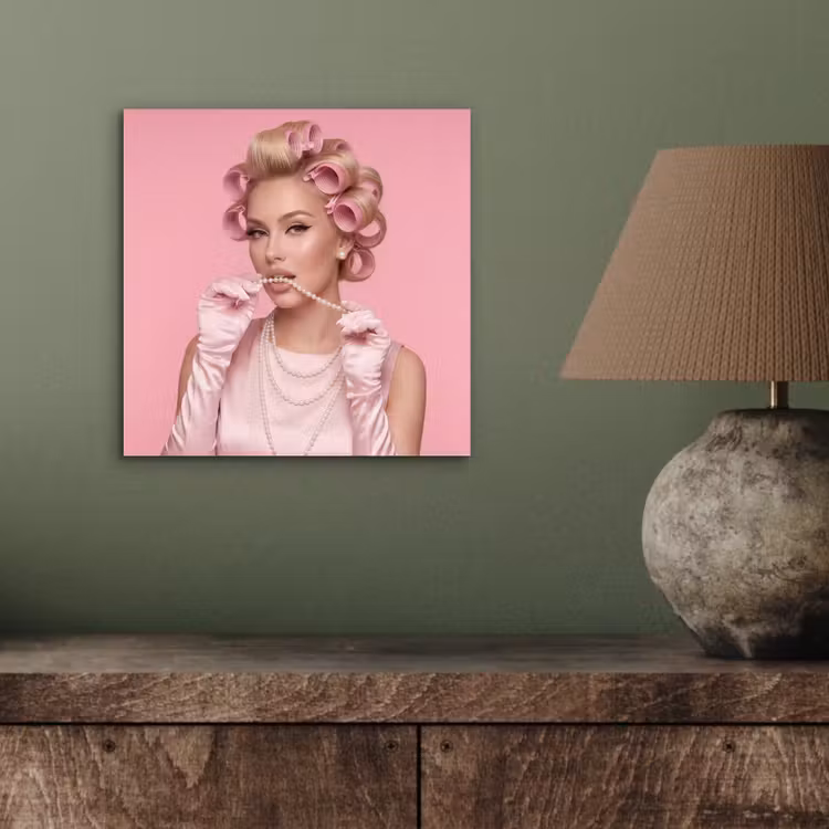 Aluminium schilderij - Vrouw - Roze - Parelketting - Krulspelden — 4