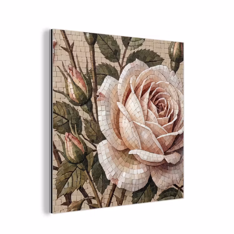 Aluminium schilderij - Roos - Mozaïek - Bloemen - Klassiek - Beige — 1