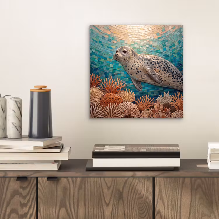Aluminium schilderij - Zeehond - Mozaïek - Onderwater - Dieren - Blauw — 2
