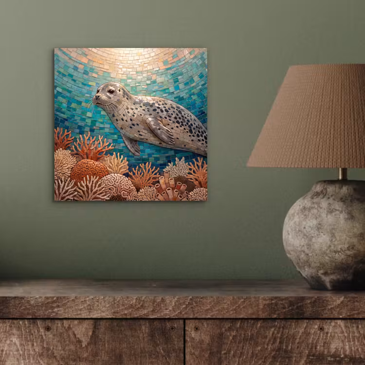 Aluminium schilderij - Zeehond - Mozaïek - Onderwater - Dieren - Blauw — 4