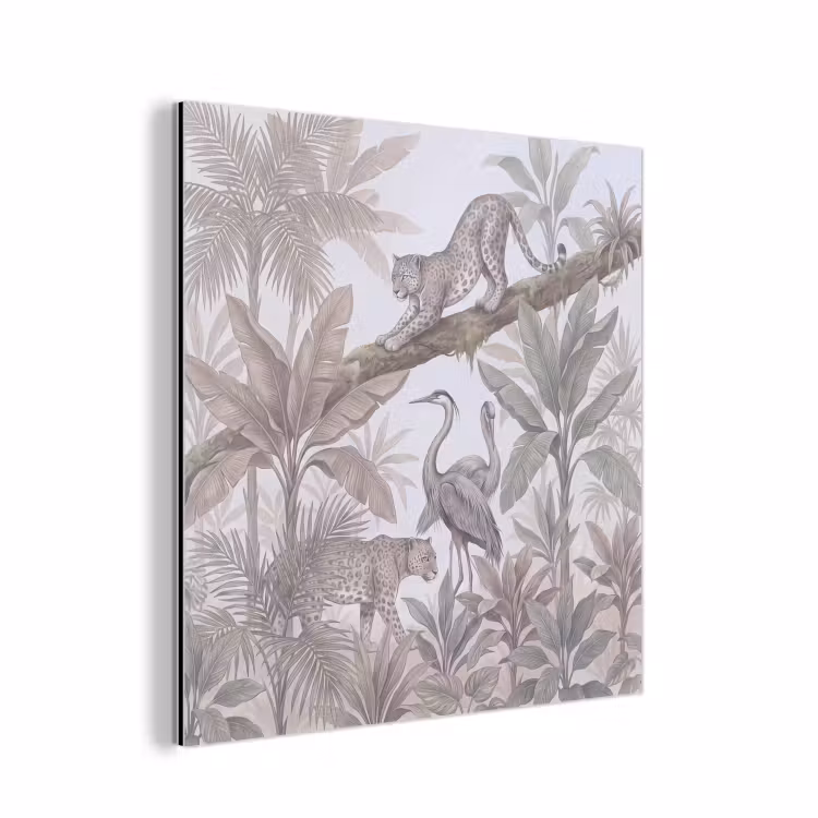 Aluminium schilderij - Kat - Vogel - Jungle - Illustratie - Dieren — 1