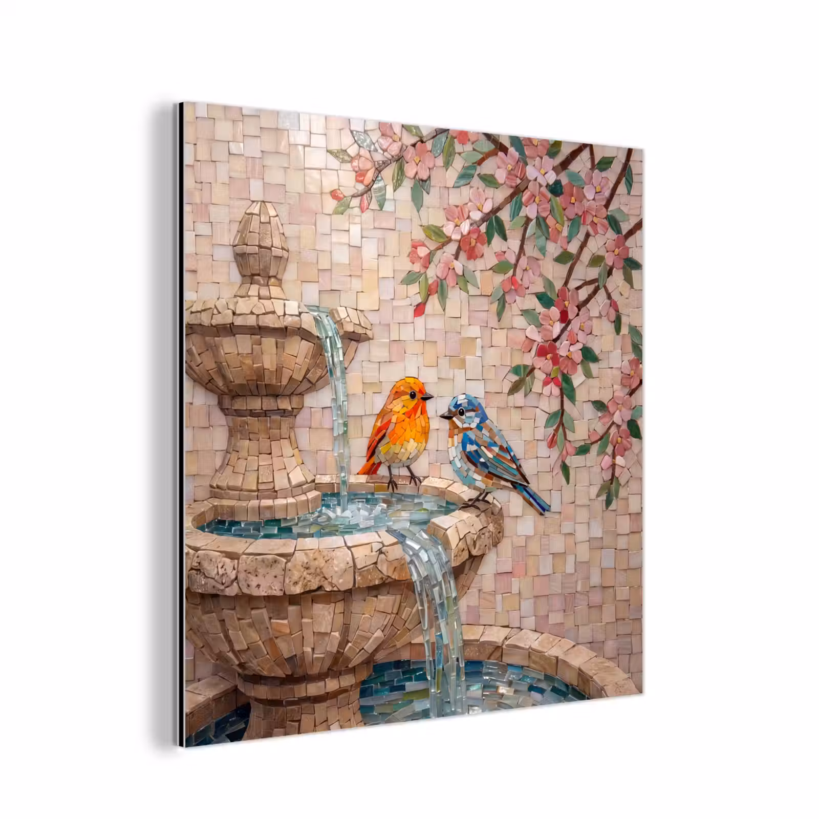 Aluminium schilderij - Vogel - fontein - mozaiek - kleurrijk - dieren — 1