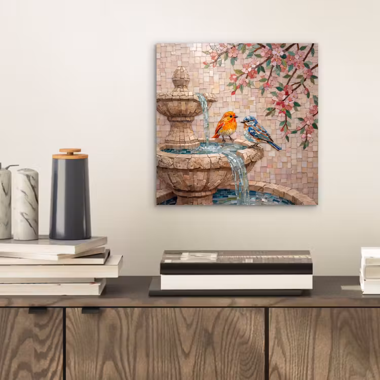 Aluminium schilderij - Vogel - fontein - mozaiek - kleurrijk - dieren — 2