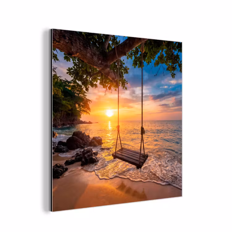 Aluminium schilderij - Schommel - Strand - Zonsondergang - Natuur - Oranje — 1