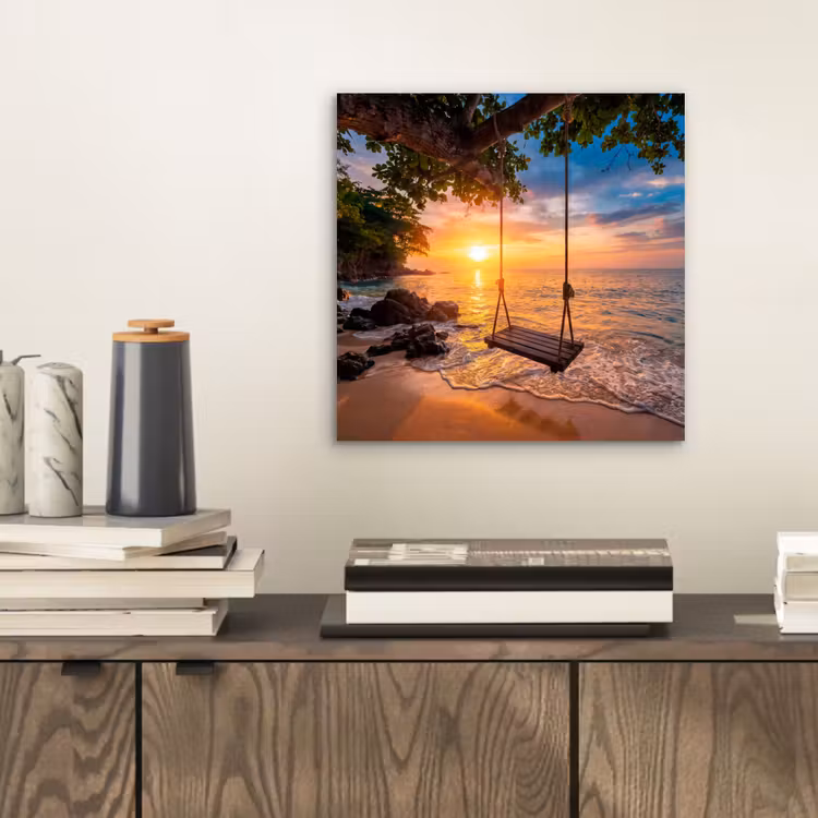 Aluminium schilderij - Schommel - Strand - Zonsondergang - Natuur - Oranje — 2