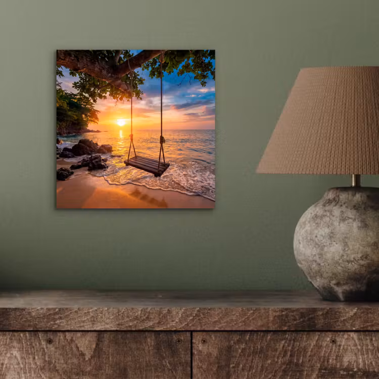 Aluminium schilderij - Schommel - Strand - Zonsondergang - Natuur - Oranje — 4