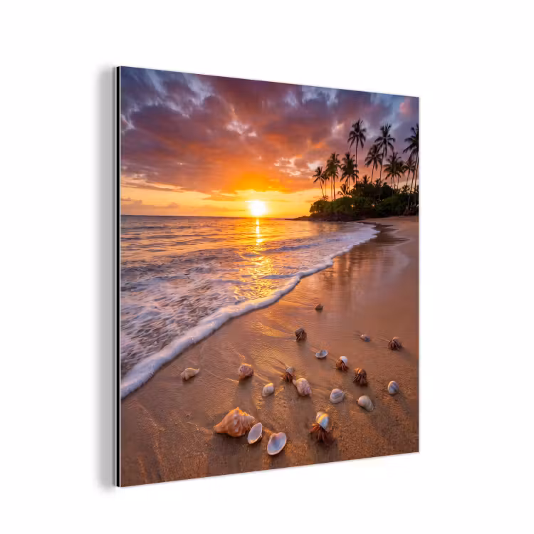Aluminium schilderij - Strand - Zonsondergang - Palmbomen - Natuur - Oranje — 1