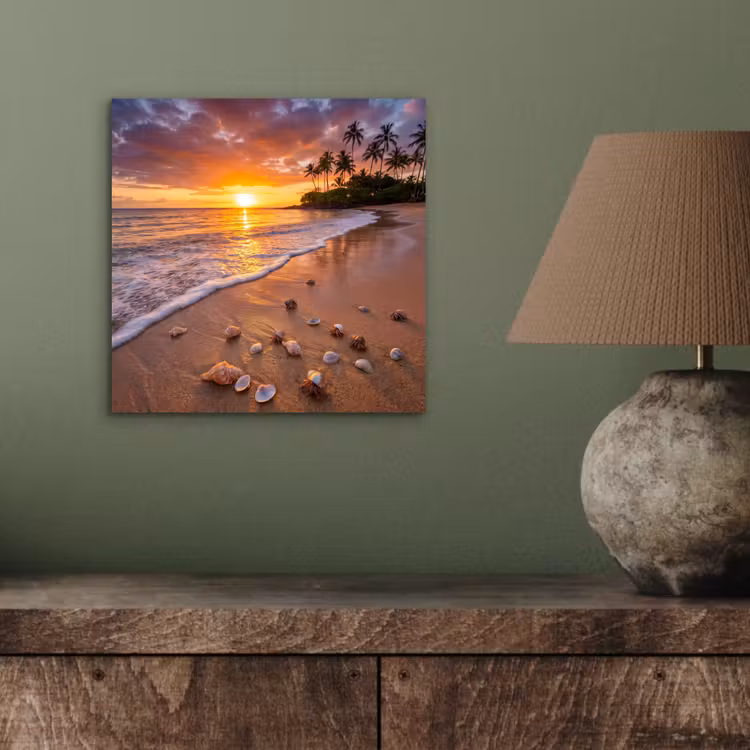 Aluminium schilderij - Strand - Zonsondergang - Palmbomen - Natuur - Oranje — 4